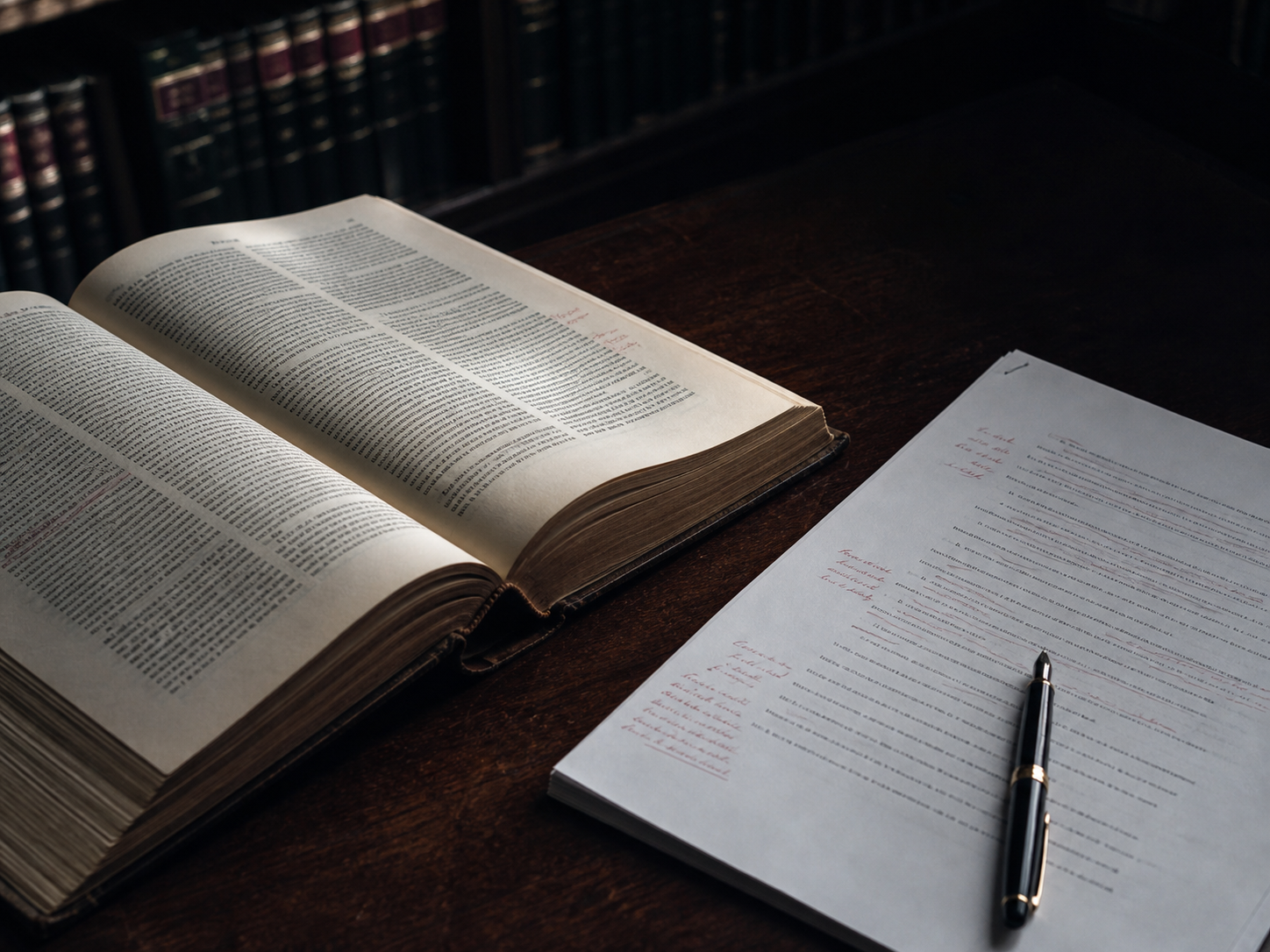 Open law reports and an annotated legal brief on a barrister's desk
